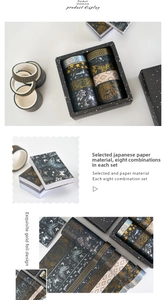 Detail of 8-roll washi tape set featuring gold foil moon and butterfly designs