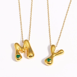 18k gold plated titanium bubble letter necklaces with M and Y pendants and green hearts