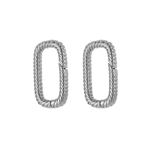 Polished silver twisted oval hoop earrings in 14k white gold plated rope design style