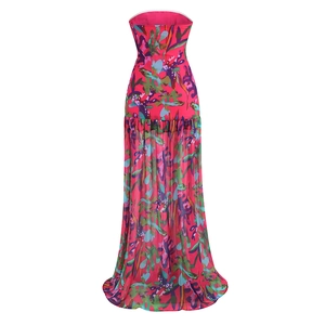 Detail of floral print maxi dress with pleated layers and flattering cinched waist