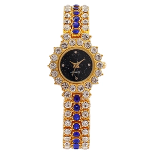 Luxuriöse Damen-Quarzuhr mit goldener Armbandkette und blau-weißen Kristallen
