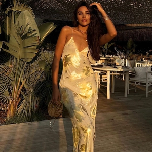 Sexy Backless Maxi Dress Gold Foil Abstract Print Spaghetti Straps V Neck Sleeveless Summer Vacation Clubwear For Women