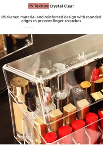 Close-up of clear dustproof lipstick organizer with rounded corners and flip lid
