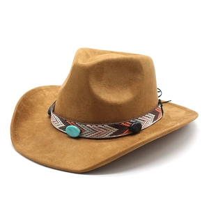 Western Cowboy Hat Faux Suede Wide Brim Fedora With Ethnic Woven Band Turquoise Decoration Bohemian Style For Women Men