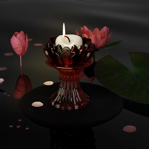 Macro shot of red glass lotus candle holder with detailed ribbed texture on the base
