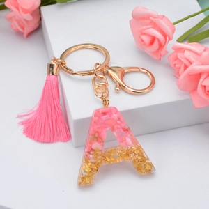 Fashion Pink Resin Alphabet Keychain With Gold Foil And Tassel Pendant For Women Bag Accessories Heart Letter Keyring