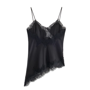 Detailed close-up of black satin camisole with delicate eyelash lace trim and V-neck