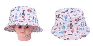 Detail of baby sun hat with colorful fish pattern and adjustable windproof chin strap