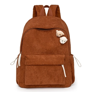 Brauner Cord-Rucksack für Damen mit niedlichen Bären-Anhängern und großen Seitentaschen
