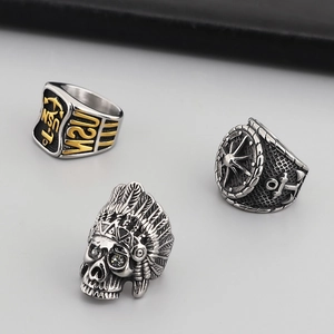 Retro hip-hop titanium steel rings with Indian skull, USN shield, and nautical anchor designs