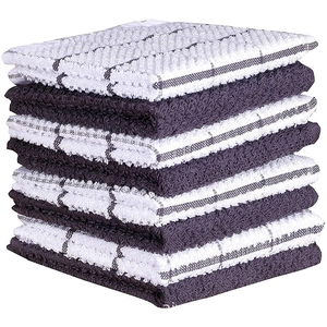 Stack of eight cotton waffle weave dishcloths in black grid and solid charcoal grey