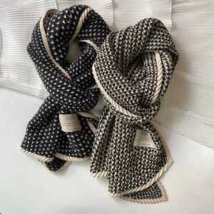 Houndstooth pattern crinkle cotton linen scarves in black and beige for women