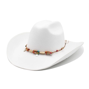 Western Cowboy Hat Ethnic Beaded Band Wide Brim Woolen Felt Retro Bohemian Style Sunshade Jazz Fedora