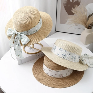 Chapeau De Paille Boater Style Français Toit Plat Protection Solaire Plage Avec Ruban Floral Noeud Respirant Pour Femmes