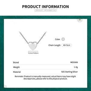 Polished S925 sterling silver heart pendant necklace with dimensions and specifications