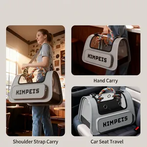 Foldable pet carrier bag with transparent window for cats, grey and white breathable design