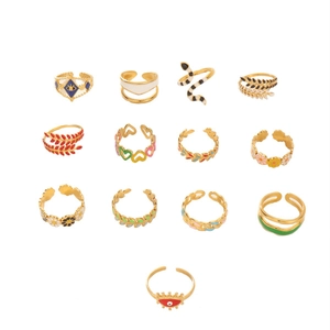 13-piece gold plated open ring set with colorful enamel snake and flower designs