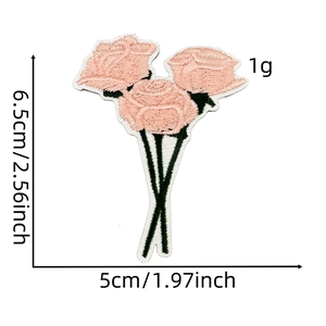 Detailed pink floral embroidery patch showing rose bouquet dimensions and texture
