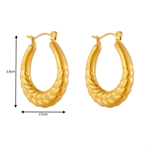 Golden woven twisted hoop earrings in hollow geometric design, size 2.8cm by 2.5cm