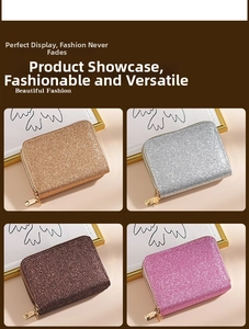 Sparkly sequin accordion card holders in gold, silver, brown, and pink with zippers