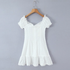 White lace off-shoulder slim-fit mini dress with puff sleeves and ruffled hem on hanger