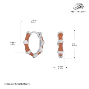 Detailed dimensions of 925 sterling silver bamboo hoop earrings with orange enamel