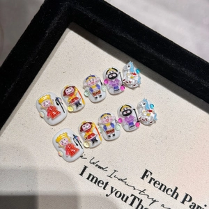 Handmade 3D cartoon press-on nails featuring colorful 10-piece Journey to the West characters