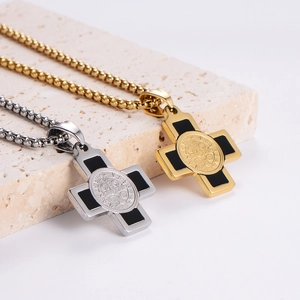 Gold and silver stainless steel cross necklaces with Saint Benedict medals on stone