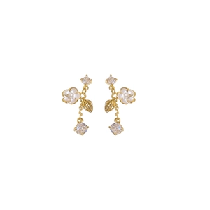 Elegant gold flower drop earrings with white shell petals and sparkling zircon tassels