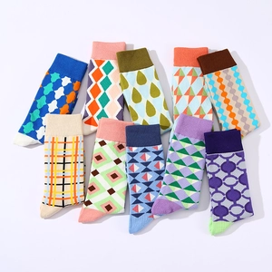 British style checkered cotton crew socks for women featuring colorful geometric patterns