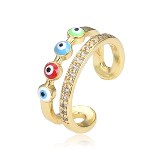 Golden double-layer ear cuff with colorful evil eye patterns and shimmering zircons