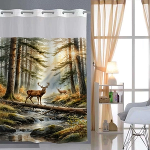 Detail of waffle fabric shower curtain with forest elk print and metal hanging rings