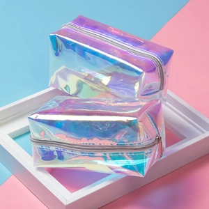Holographic laser TPU makeup bag set with waterproof zipper and colorful iridescent finish