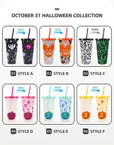 Detail view of 6 Halloween cold color-changing straw cups with bat and pumpkin designs
