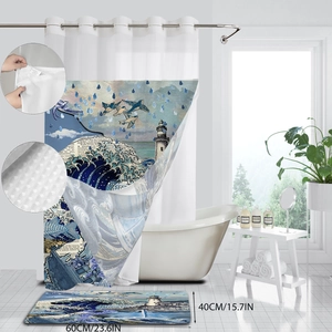 Detail view of Great Wave print shower curtain and 60x40cm absorbent bathroom mat set