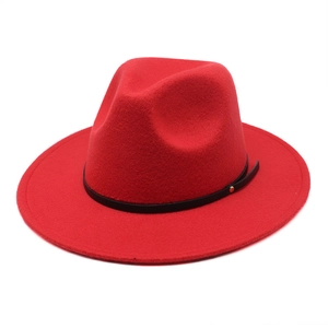Classic red wool felt fedora with a wide brim and decorative black leather band buckle