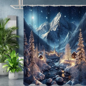 Winter snowy night shower curtain with mountain pine trees and cozy cabin scenery