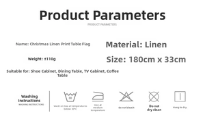 Detailed size chart and washing instructions for linen Christmas table runner in 180x33cm