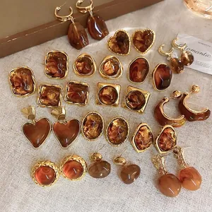French vintage amber resin geometric heart stud earrings with gold metal frame