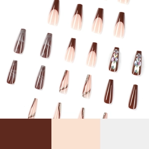 Brown marble and rhinestone long coffin press-on nails set with elegant glitter lines