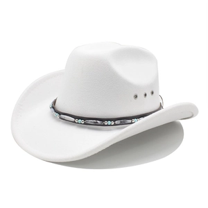 Classic white felt western cowboy hat with beaded ethnic band and metal eyelets