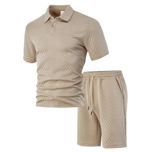 Men's khaki waffle texture polo shirt and shorts two-piece casual summer sport set