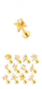 Flat back labret studs in gold finish with clear zircon in various geometric shapes