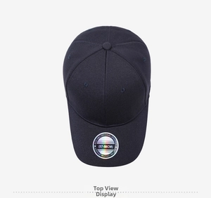 Top view of classic six-panel baseball cap with laser size label on the brim