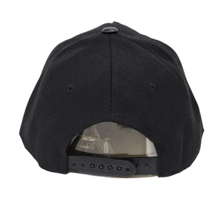 Close-up of adjustable snapback closure on black PU leather flat brim hip hop hat