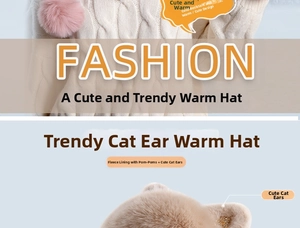 Detail of plush winter hat featuring cute cat ears with sequins and three soft pom-poms