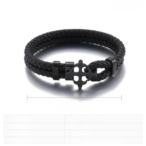 Detail view of black woven leather bracelet with cross-shaped stainless steel magnetic clasp
