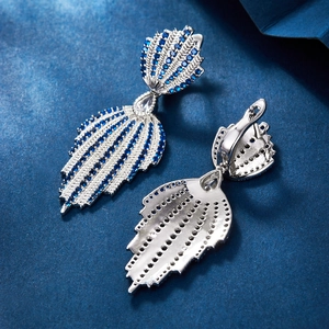 Luxurious S925 sterling silver leaf drop earrings with blue and clear crystals