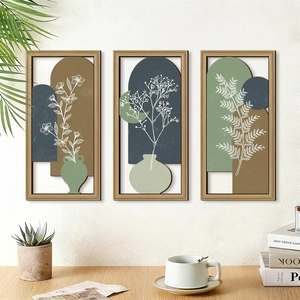 Set of 3 minimalist wooden wall hangings with botanical line art and geometric shapes