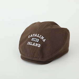 Detailed view of brown kids ivy cap with white Catalina 1983 Island embroidery